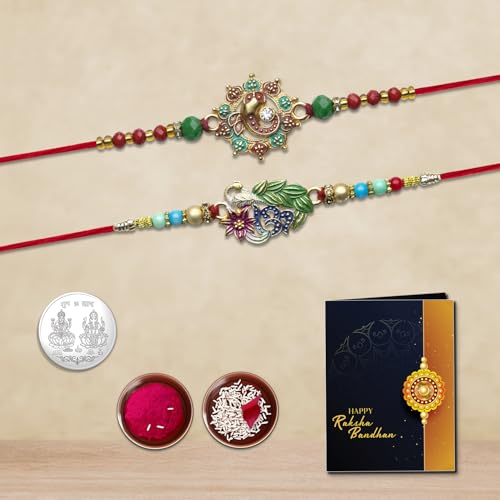 Image of Oblivion Peacock and Floral Design Rakhi Pair for Brother with Silver Colour Pooja Coin, Tilak Set and Greeting Card for Raksha Bandhan