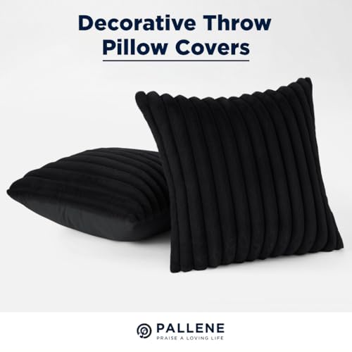 Pallene Faux Fur Plush Throw Pillow Covers 16x16 Set of 2, Luxury Soft Fluffy Striped Decorative Pillow Covers for Sofa, Couch, Living Room, Black