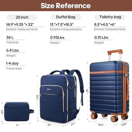 Image of Luggage Sets 3 Piece, Carry On Luggage 20In With Spinner Wheels,PC Hardside Suitcase Set with TSA Lock,Durable Carry On Suitcase With Travel Backpack for Men (Navy Blue, 3 piece set (BP /20inch))