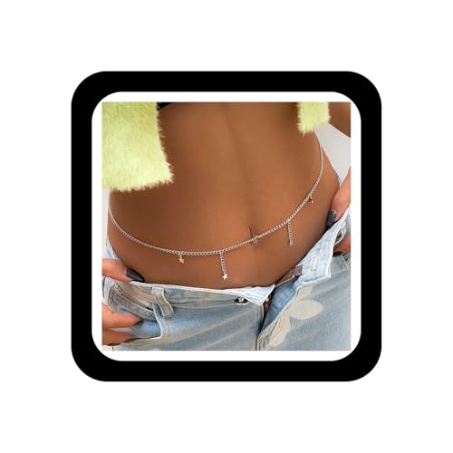 Zeshimb Cadena de cuerpo de estrella bohemia con dijes de estrella plateada, cadena para el vientre, cadena sexy para bikini, cadena de verano, playa, cinturón, fiesta, graduación, accesorio para el