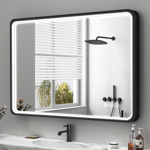 S'bagno 36x28 Inches LED-Bathroom-Mirror-Anti-Fog, Black-Framed-LED-Mirror-for-Bathroom, Bluetooth-Bathroom-Mirror-3-Light-Colors, Dimmable Brightness, Waterproof, Vertical/Horizontal, Plug-in