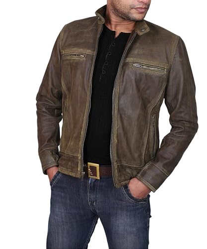 Image of Men's Leather Jacket Cafe Racer Biker Style Retro Stripes Jacket, Motorcycle Racing Leather Jacket (US, Alpha, 4X-Large, Regular, Regular, S16) Vintage Brown Jacket