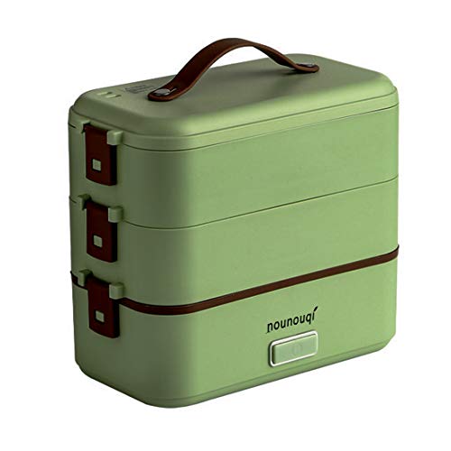 Nounouqi ポータブル 炊飯器 一人用 小型暖房クックご飯 弁当箱, ご飯が炊ける弁当箱, 蒸し 炊飯できる 温め機能, 完全密閉カバー付, ステンレス ランチボックス, 生米を調理 超高速弁当箱炊飯器 2段式 3段式 0.5~2合(グリーン, 3層)