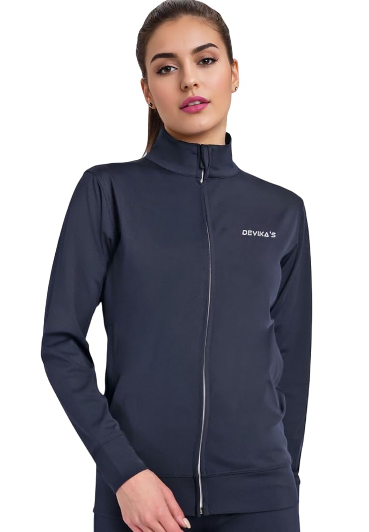 Women's Gym Jacket, Navy Blue, Full-Zip, Mock Neck, Long Sleeve Sportswear-image-46