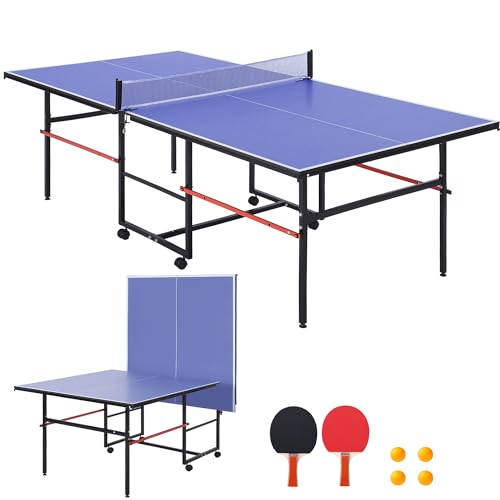 Garvee 8 ft Portable Ping Pong Table Foldable Indoor Outdoor Table Tennis Set with Net 2 Paddles and 3 Balls - Professional Game for Adults Teens Quick Assembly Single Player Playback Mode