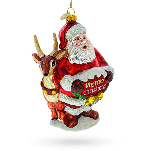 Santa's Sleigh Ride: Santa with Reindeer Blown Glass Christmas Ornament
