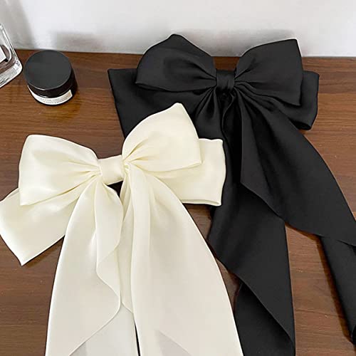 2Pcs Silky Satin Big Hair Bows For Women Hair Ribbon Hair Clip French Hair Barrettes Long Tail Hair Bow Big Bowknot Hairpin Aesthetic Hairclips Simple Hair 90'S Accessories (Black White) #TOP1