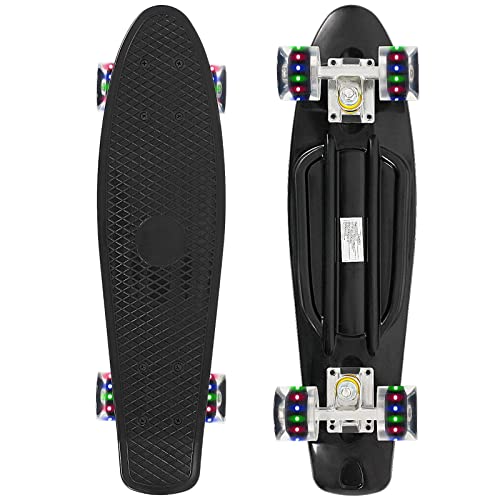 Cruiser Skateboard, 22 Inch Mini Cruiser Board with LED Light for Kids Teens Beginners, Black