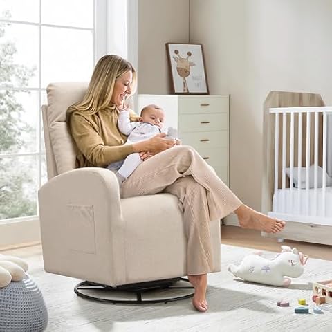 360° Swivel Glider Chair for Nursery, Modern Ergonomic Rocker Round Linen Upholstered Comfy High Back Accent Rocking Chairs Recliner Side Pocket and Headrest for Living Room, Bedroom Beige Cover