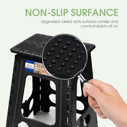 Image of ACKO Folding Step Stool Foldable 17.5 Inch Stools for Adults and Kids,Plastic Stools Tall 400 lbs Capacity, Collapsible Stool for Kitchen, Stepping Foot Stool with Handle, Dot Black,1 PC