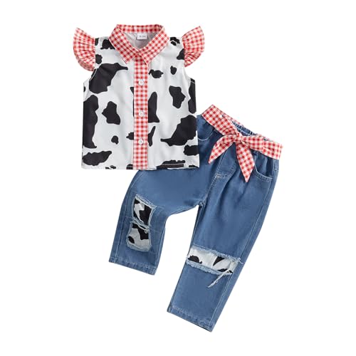Catálogo de Ropa de Acampada y marcha para Niña los mejores 10. 43 Lefyira - Conjunto de pantalones de mezclilla para niña, estampado de vaca, con botones, manga con volantes, parte inferior de campana, ropa occidental para niña, 18 rojo, 3...
