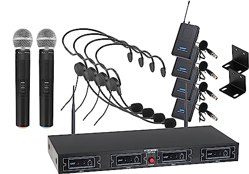 McGrey UHF-2V4H Set inalámbrico Quad: Receptor UHF 4 Canales, 2 micrófonos Mano, 4 transmisores Bolsillo con Clip, 4 headsets, Alcance 50m, duración Aprox. 8 Horas.