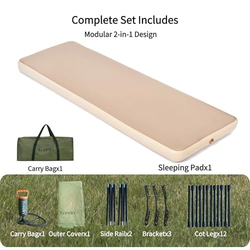 Image of Freein 2-in-1 Modular Camping Cot with Inflatable Sleeping Pad, 7 PSI High-Pressure Drop-Stitch Mattress, Standard Twin Size, Dual-Height Adjustable Folding Bed for Tent, SUV & Guests