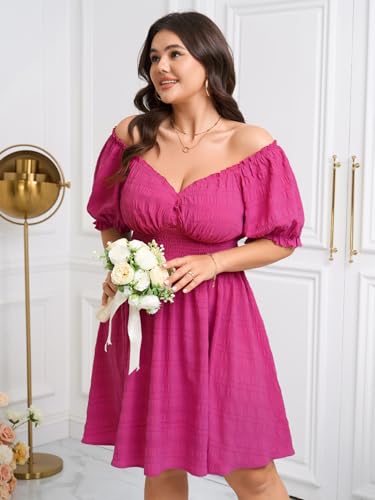 Image of SCOMCHIC Womens Plus Size Summer Dresses Casual Sun Dress Sweetheart V Neck Puff Short Sleeve Smocked A Line Mini Dress