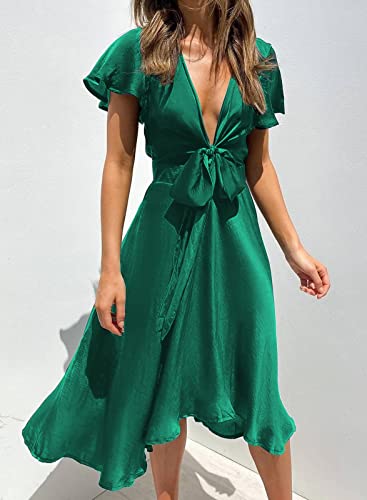 Image of miduo Womens Satin V Neck Ruffle Short Sleeve Tie Front High Waist Midi A-Line Maxi Dresses