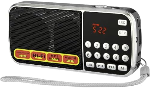 YF37 Portable FM AM Radio with TF Card Slot USB AUX Input MP3 Player LED Flashlight Music Repeat Earphone Output and 1000mAh Rechargeable Battery – Compact Design for Travel and Home Use(Black)