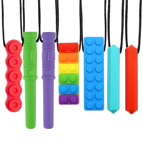 KASURE 7 Pack Sensory Chew Necklaces for Boys and Girls Silicone Chewing Pendant Chew Toys for for Children with Autism Biting Nail Chewing Oral Motor Chewy Teether for Reduce Chewing Anxiety