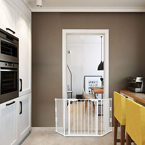 Bonnlo 74-Inch Versatile Safety Gate Metal Baby/Pet Gate Configurable Dog Barrier - Ideal For Wide Door Openings, Stairways, Doorways, Includes Wall Mounts (25.39" W X 29.3" H Each Panel, White) #TOP3