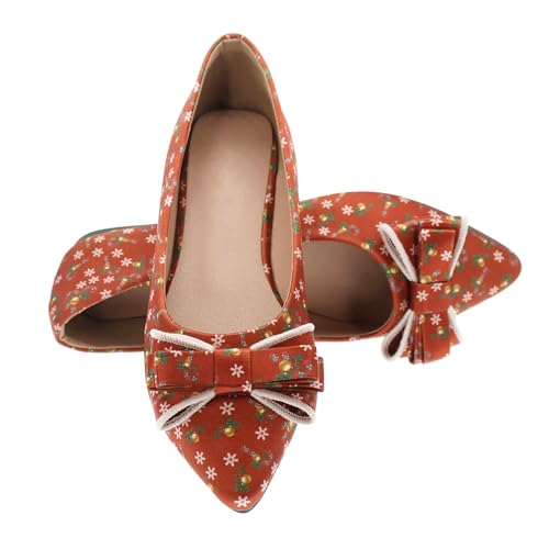 Pointy Toe Dressy Flats Shoes for Women Comfortable, Adorable Embroidered Bows, Red Cushioned Dance Shoes for Christmas