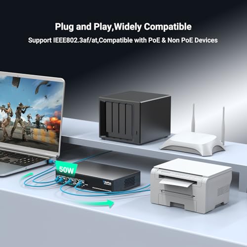 Image of 6 Ports 10Gb Unmanaged PoE Ethernet Switch with 4*2.5G Base-T PoE Ports, 2*10G RJ45 Ports. 60Gbps Switching Capacity, GiGaPlus 10Gbps Network Switch for 2.5G /10Gbps NAS /PC, WiFi6 Router, Wireless AP