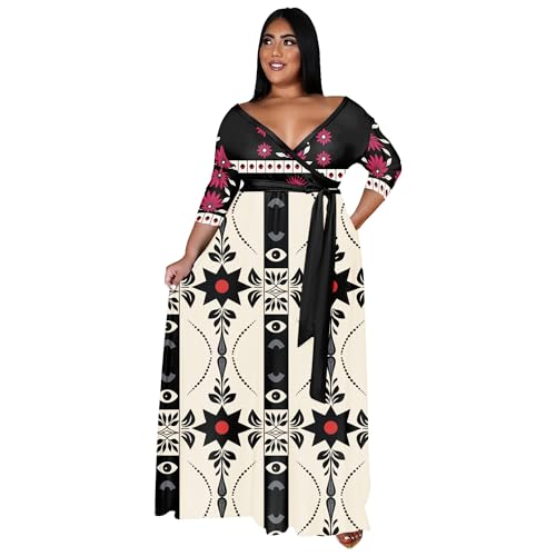 Image of Nmoder Plus Size Maxi Dress for Women - Summer Casual 3 /4 Sleeve Floral Flowy Long Dress with Belt XL- 6XL