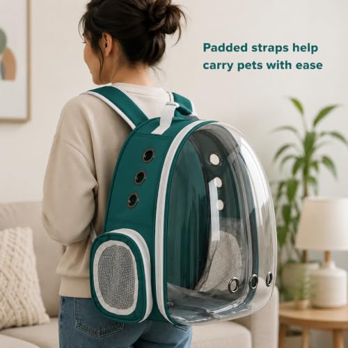 Image of Cawypety Cat Backpack Carrier, Breathable Cat Carrier Pet Backpack for Kitty Small Dog Up to 15Lbs, Transparent & Foldable Pet Carrier for Travel Hiking (Green, Bubble)
