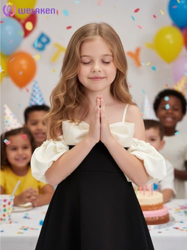WELAKEN Puffy Sleeve Bowknot Dress for Girls Toddler & Kids II Little Girl's Spaghetti Strap Party Dresses4