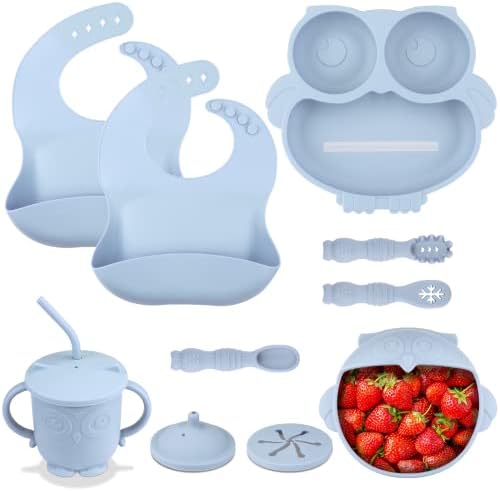 Silicone Baby Feeding Set Includes Adjustable Bib Suction Bowl and Plate, Baby Spoon and Fork, Sippy Cup with Straw and Lid（Blue）