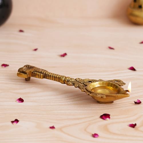 Image of eCraftIndia Golden Handcrafted Ethnic Design Brass Diya with Handle - Ideal for Home Pooja Mandir Temple for Ganesh Chaturthi, Navaratri, Diwali