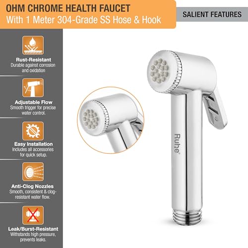 Image of Ruhe OHM Health Faucet Set for Bathroom /Handheld Jet Spray for Toilet | ABS Health Faucet Water Spray Gun with 304-Grade Stainless Steel Flexible Shower Tube 1 Meter and Wall Hook /Holder