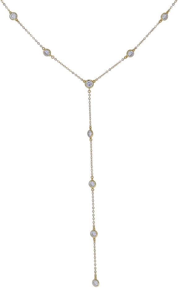 Sterling Silver, CZ Y Necklace, 4mm CZs, Fine Cable Chain, Adjustable 22 to 24 inches, Gold or Silver