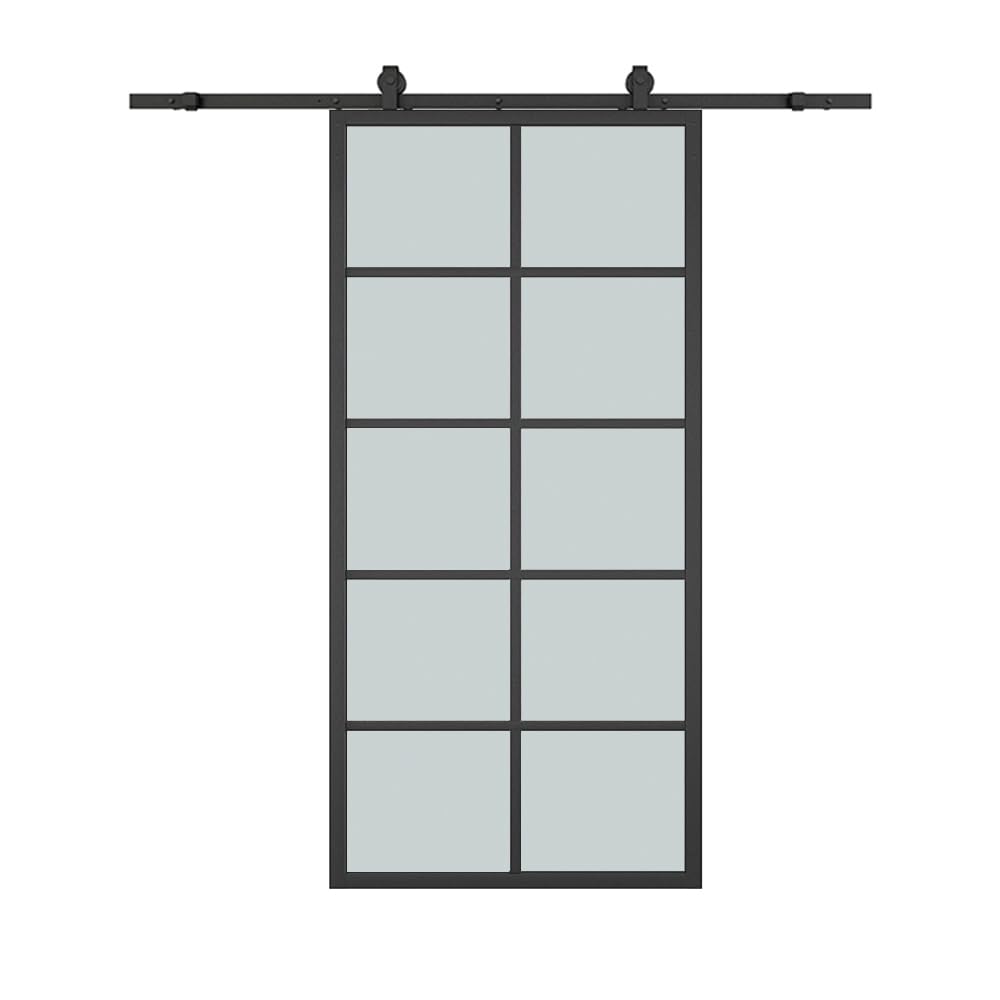 36 in. x 84 in. 10 Lite Frosted Glass Black Aluminum Frame Interior Barn Door with Sliding Hardware Kit