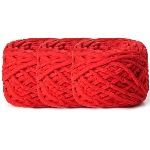 Image of 3 Pack Fluffy Chenille Chunky Yarn for Crocheting 100g(65.6yd) - Baby Yarn for Crocheting Soft - Velvet Yarns for Crochet Blanket - Amigurumi Crochet Yarns (Red)