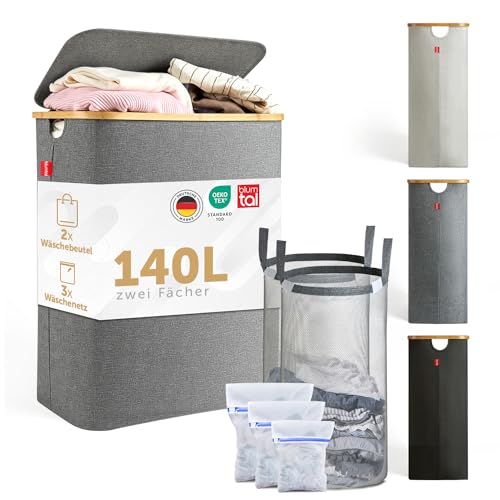 Blumtal Wäschesammler 140 L - Wäschekorb 2 Fächer mit herausnehmbarem Wäschesäcken - Pfandflaschen Aufbewahrung - laundry basket - Grau - Wäschekorb schmal - Wäschebox klein