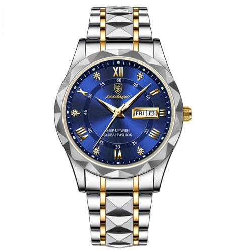 Poedagar Men Quartz Watch Luxury for Man Sports Business Waterproof Luminous Stainless Steel Week Date Men's Watches Male Clock (Gold Blue)