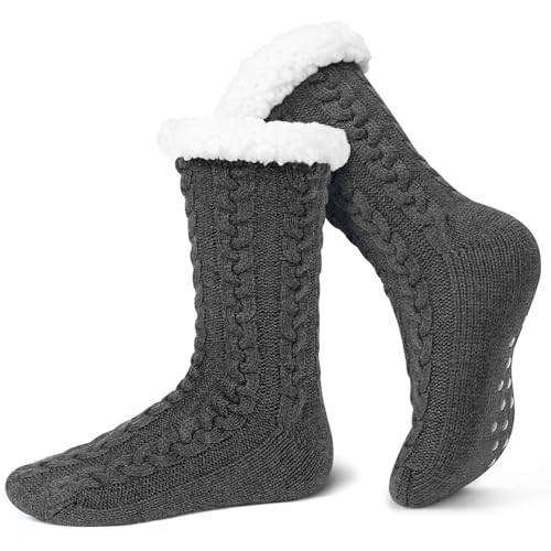 Mens Slipper Socks with Grippers, Winter Gift Warm Thermal Fuzzy with Non Slip Floor Home Socks US 9-12