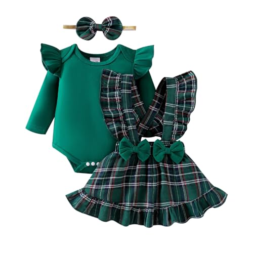 Image of FOCICI My First Christmas Baby Girl Outfits Infant Clothes Suspender Skirt + Ruffled Romper Dress + Bow Headband 0-24 Months