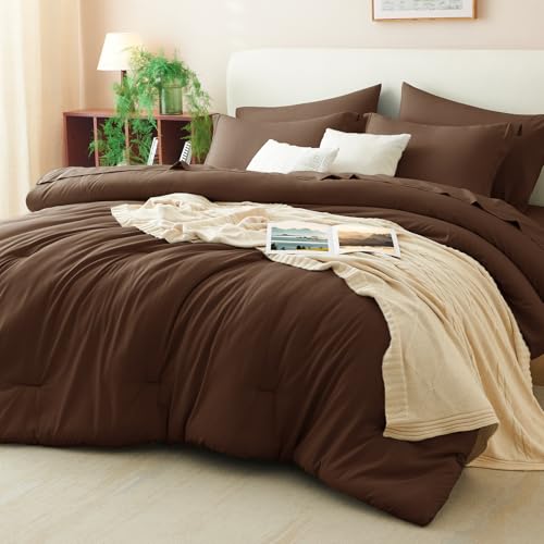 CozyLux King Size Comforter Set Brown 7 Pieces Bed in a Bag King Comforter Set with Sheets Soft Bedding Set with Down Alternative Comforter Sheets Pillowcases & Shams Soft Bed Set for All Seasons