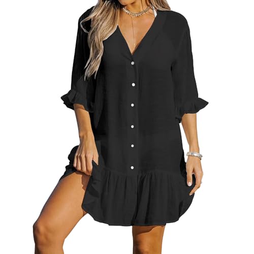 Robe de plage col en V et longue tunique boutonnée pour femme blanche