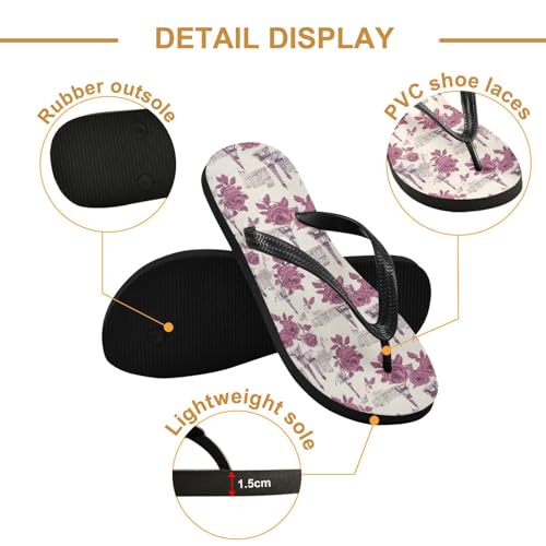 ALAZA Retro Eiffe Tower Rose Flip Flops for Women Fashion Beach Slippers Comfort Mens Flip Flops Non-Slip Rubber Shower Slippers Sandal for Hotel Travel Sport,XS3