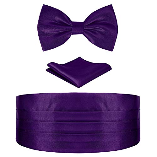 HDE Purple Cummerbund, Bow Tie, Pocket Square for Men Satin Tuxedo Set