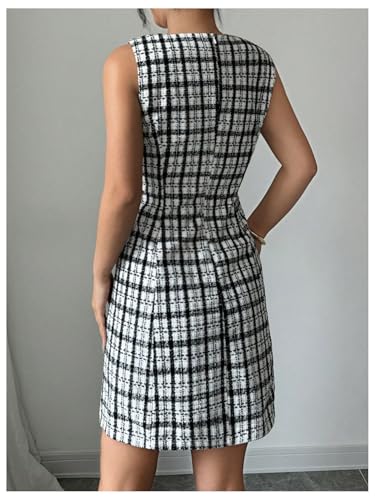 SHENHE Women's Vintage Plaid Bow Side Split Hem A Line Sleeveless Elegant Work Dress3