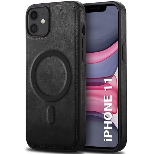 Image of TheGiftKart Genuine Leather Finish Back Cover Case for iPhone 11 | Shockproof Design | Raised Edges for Camera & Screen Protection | Stunning Minimalist Design Case Cover (MagSafe Compatible, Black)