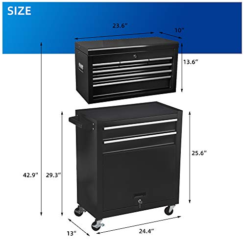 8-Drawer Rolling Tool Chest,Big Tool Chest and Tool Storage Cabinet,Tool Chest with 4 Wheels,Removable Portable Top Box with Lock Tool Chest for Garage and Warehouse, Christmas Gift(Black)