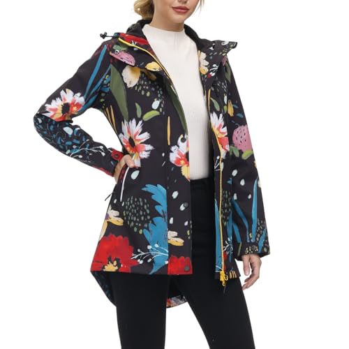 Womens Long Raincoat Waterproof Windbreaker Floral Print Softshell Trench Coat US Size S-2XL3