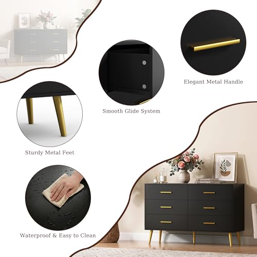 Image of Black 6 Drawer Dresser for Bedroom, 47 inch Wood Dresser with Gold Handles.