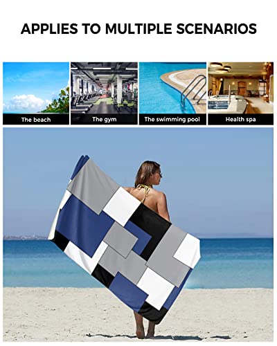 Navy Blue Black Modern Color Block Towel Sets For Bathroom,Microfiber Bath Kitchen Beach Hair Hand Yoga Dish Towels Washcloths,Geometric Gray White Patckwork Plaid Quick Dry Decorative Towels+Set #TOP4