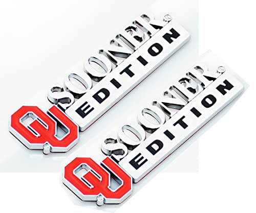 Image of 2Pc Sooner Edition Emblem Okla-Homa 3D Badge Sticker Decal with 3M Adhesive Replacement for Universal Car Window Door Computer (Silver Black Red)
