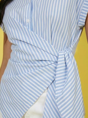 Image of Wrap Style Striped Women Cotton Shirt Drop Shoulder Casual Wear