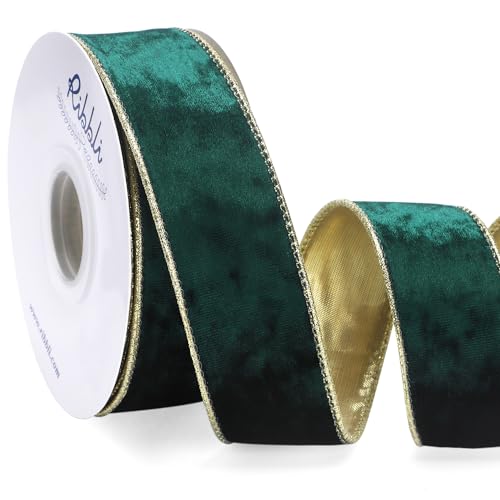 Image of Ribbli Forest Green Velvet Wired Ribbon 1.5 Inch Metallic Green Gold Crushed Velvet Christmas Ribbon for Gift Wrapping Christmas Tree Decoration Crafts Wreaths Supplies-Continuous 10 Yards
